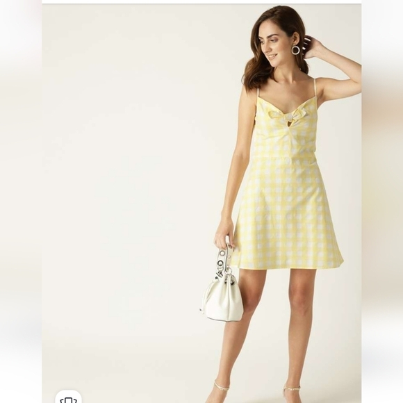 MANGO Gingham Check Bow Mini Thin Strap Dress In Butter Yellow/white. Size SM - Picture 4 of 16